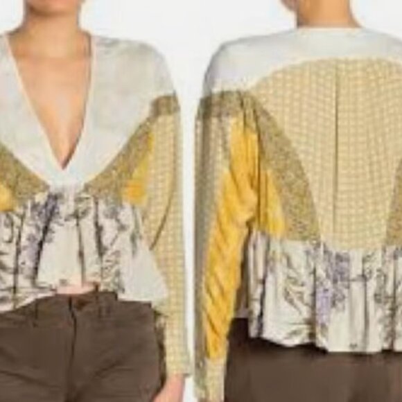 Free People Aloha State of Mind Yellow Floral Cropped Blouse Small - Picture 5 of 5